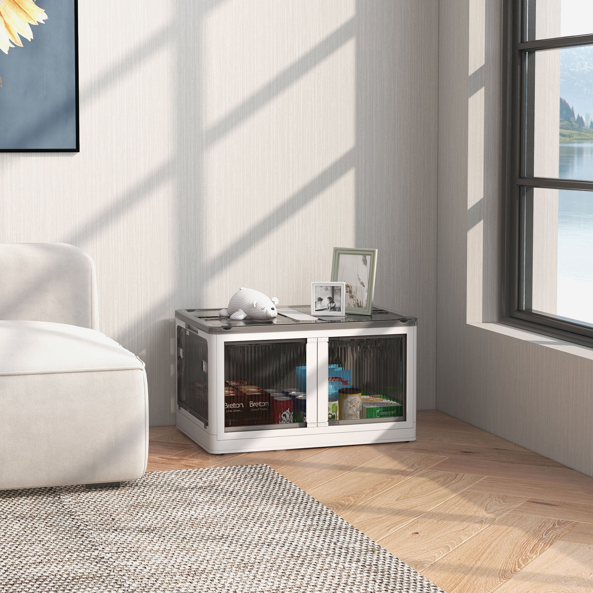Plastic Storage Box with Wheels Foldable Crates Storage, Stackable Wardrobe Organizer for Toys, Clothes, Books White, 60cm x 42cm x 34cm