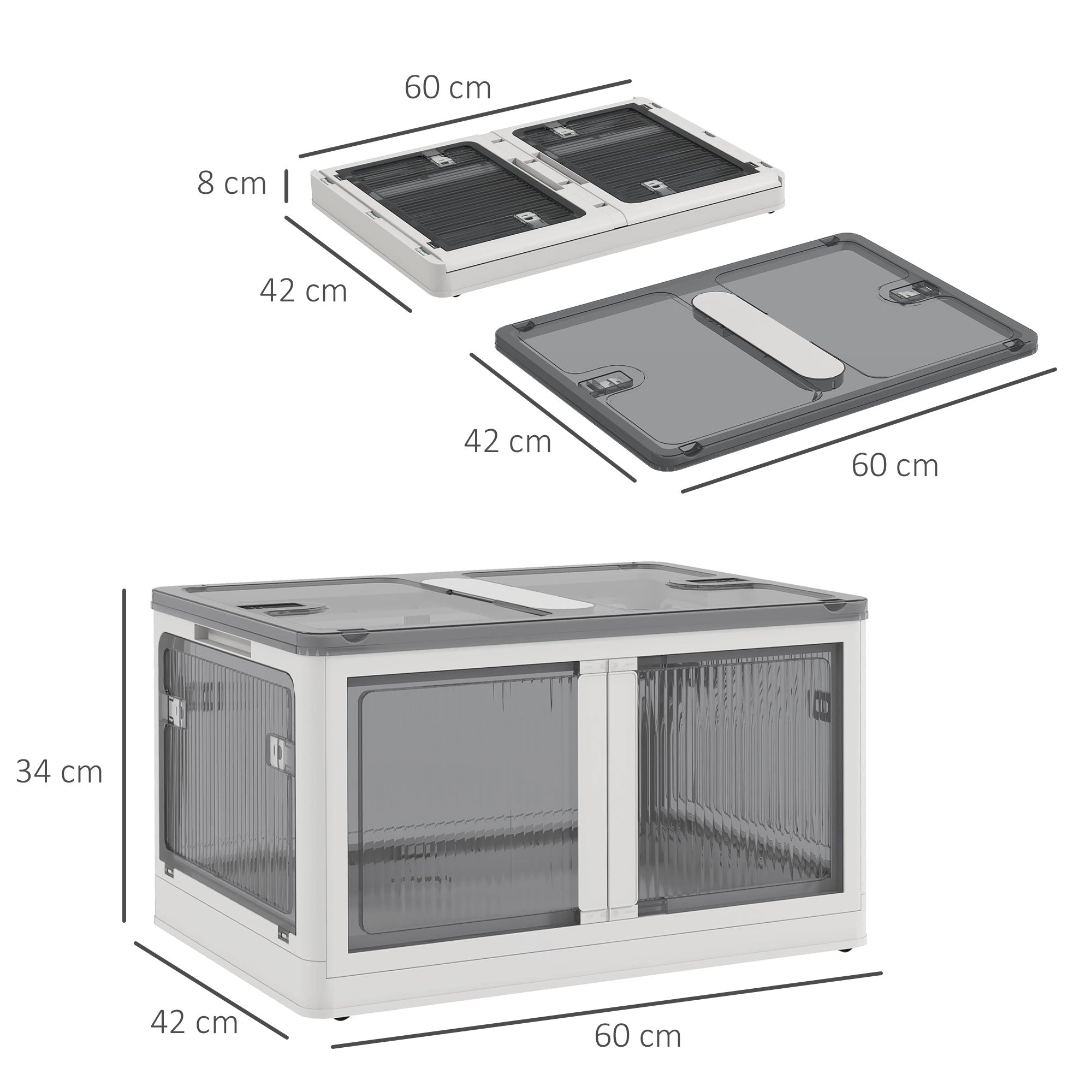 Plastic Storage Box with Wheels Foldable Crates Storage, Stackable Wardrobe Organizer for Toys, Clothes, Books White, 60cm x 42cm x 34cm