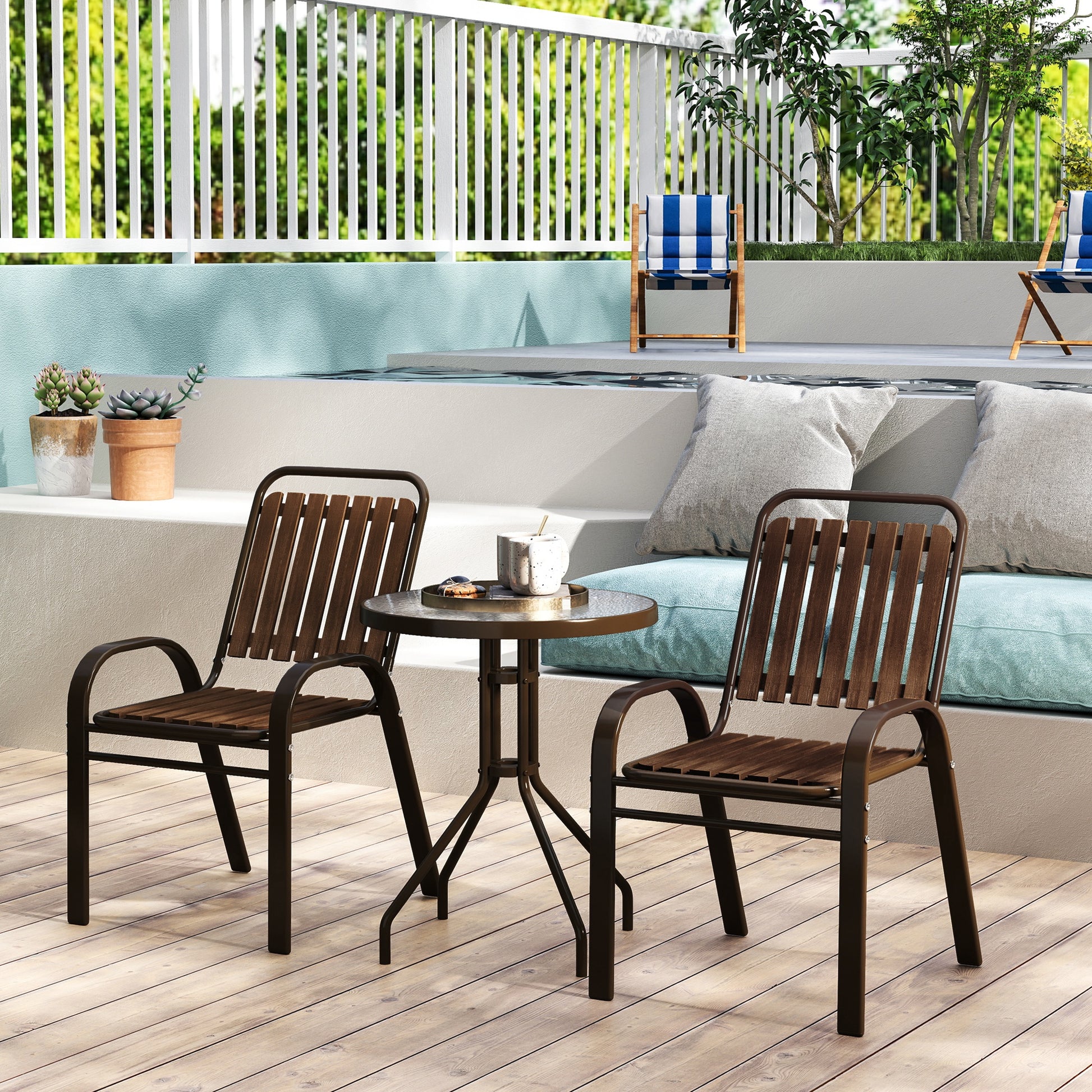 3-Piece Outdoor Garden Set Garden Furniture Set with 2 Stackable Chairs Table with Tempered Glass Top and Steel Frame for Terrace Patio Balcony Dark Brown