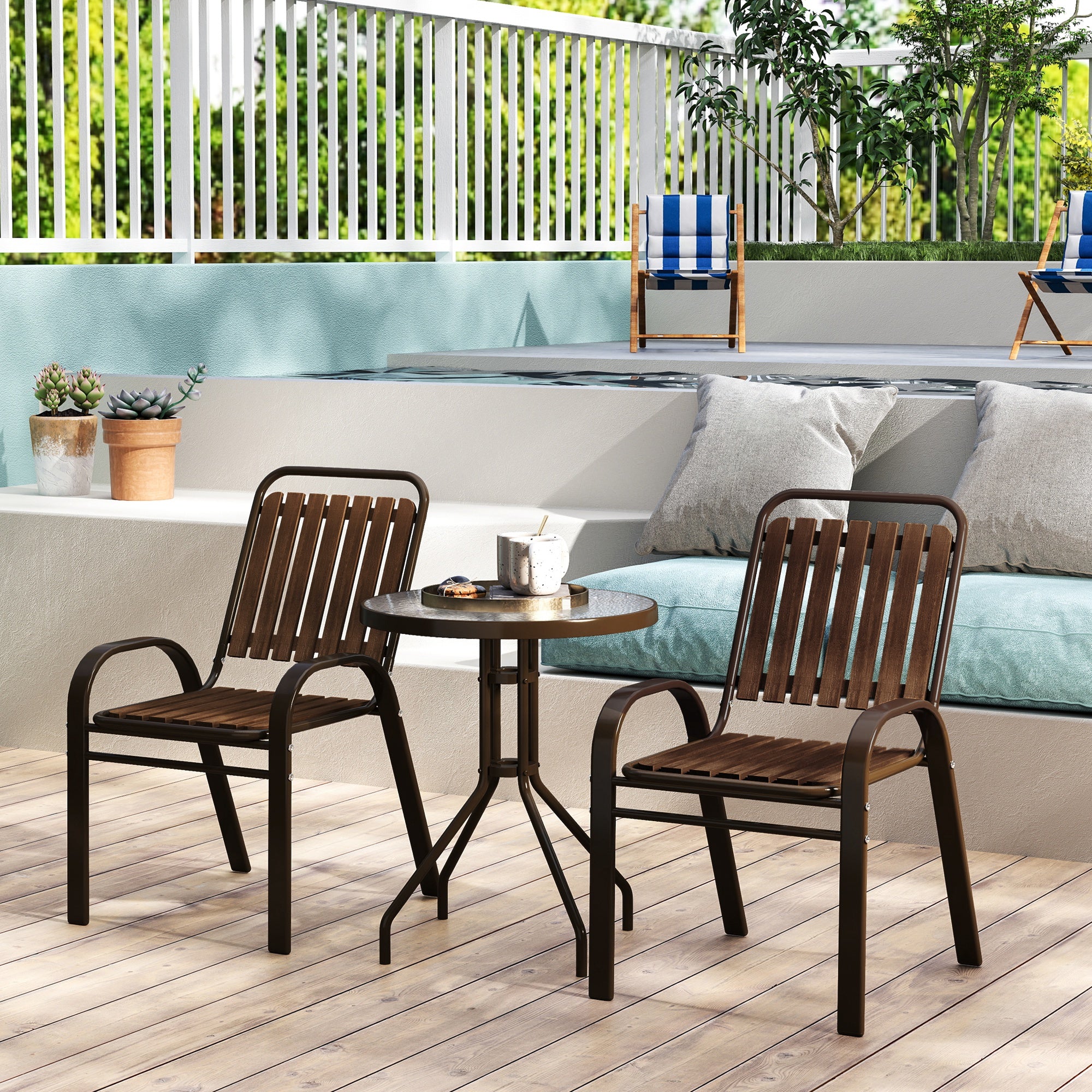 3-Piece Outdoor Garden Set Garden Furniture Set with 2 Stackable Chairs Table with Tempered Glass Top and Steel Frame for Terrace Patio Balcony Dark Brown