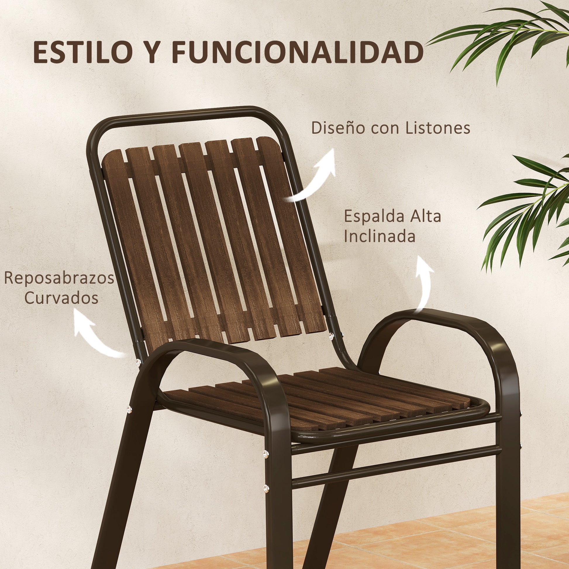 3-Piece Outdoor Garden Set Garden Furniture Set with 2 Stackable Chairs Table with Tempered Glass Top and Steel Frame for Terrace Patio Balcony Dark Brown