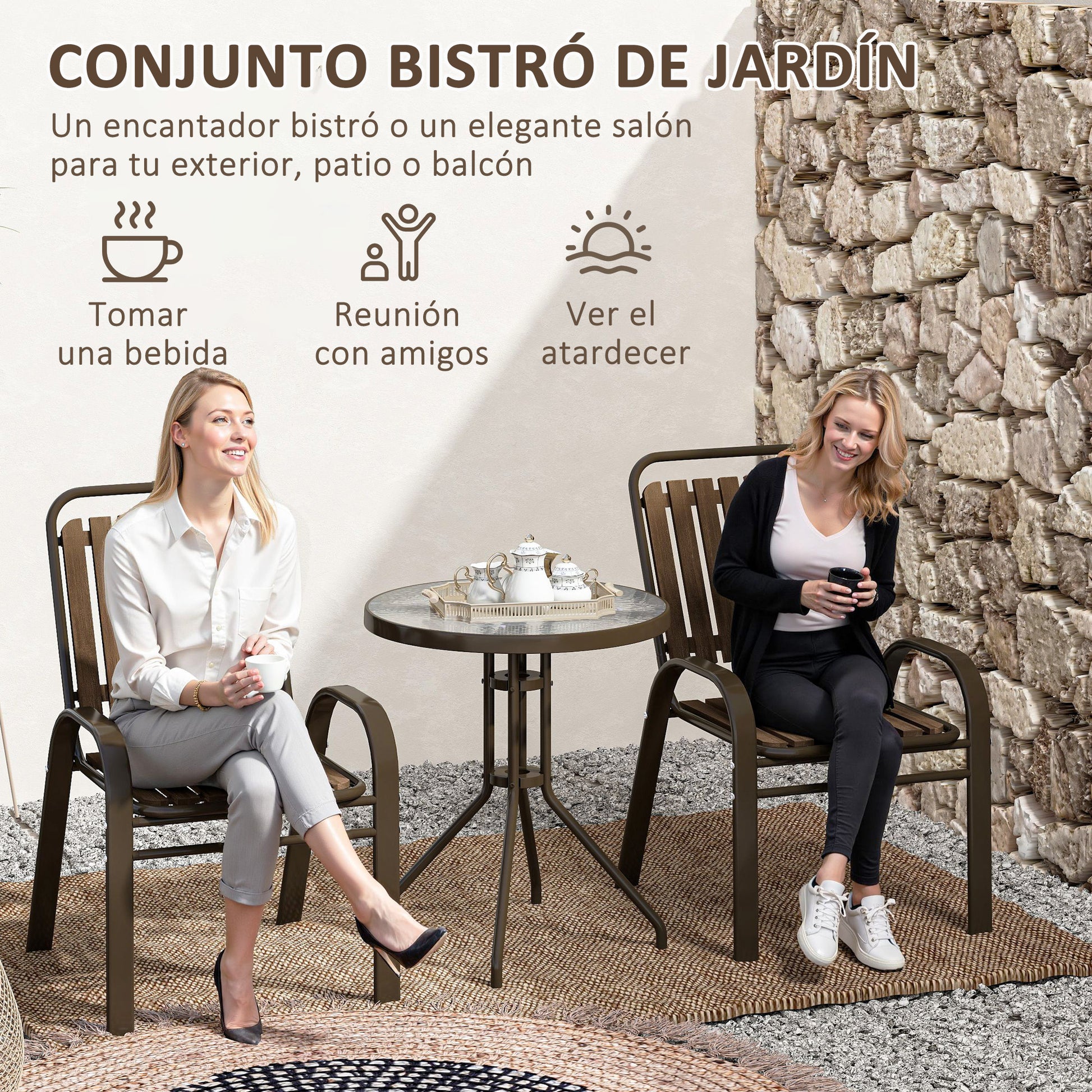 3-Piece Outdoor Garden Set Garden Furniture Set with 2 Stackable Chairs Table with Tempered Glass Top and Steel Frame for Terrace Patio Balcony Dark Brown
