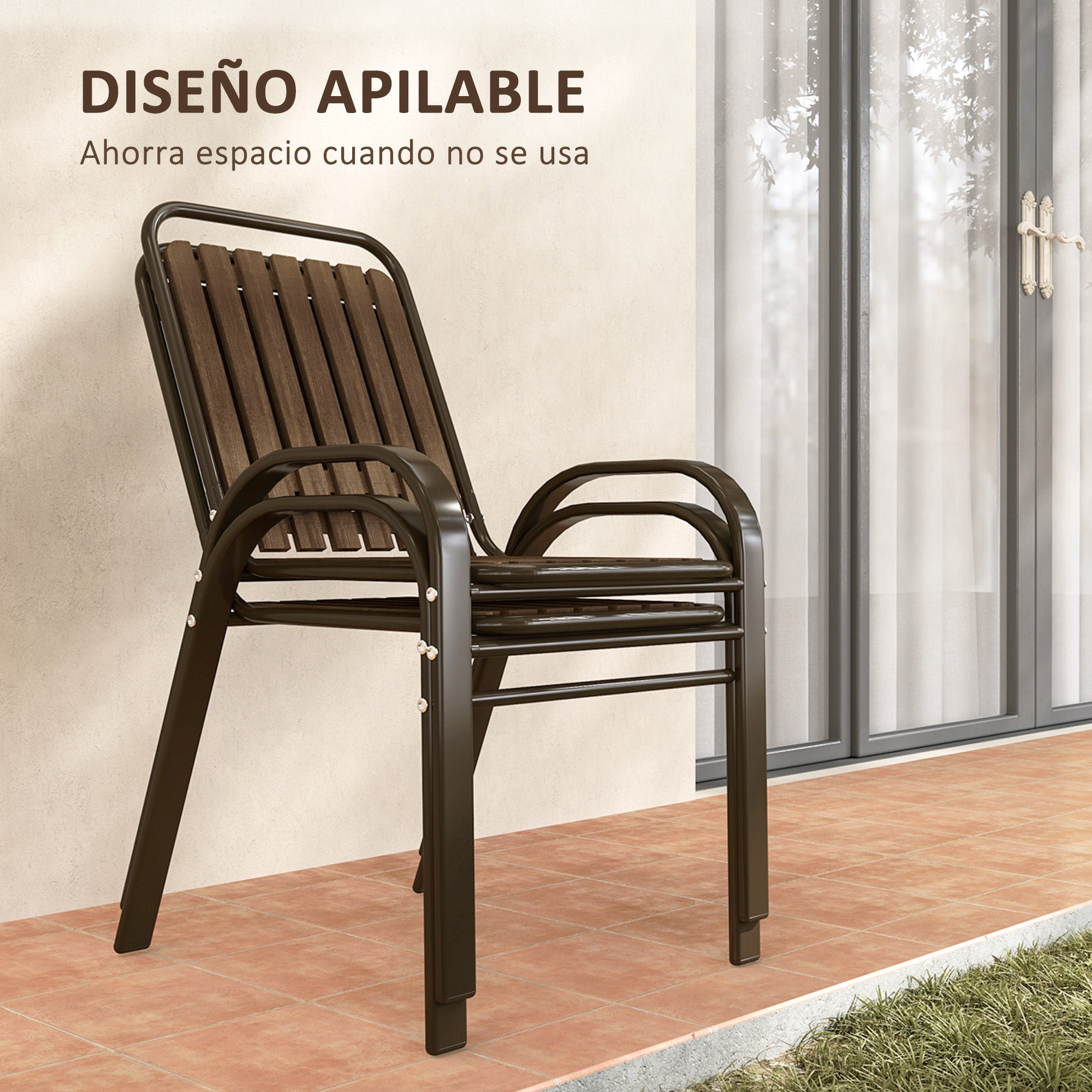 3-Piece Outdoor Garden Set Garden Furniture Set with 2 Stackable Chairs Table with Tempered Glass Top and Steel Frame for Terrace Patio Balcony Dark Brown