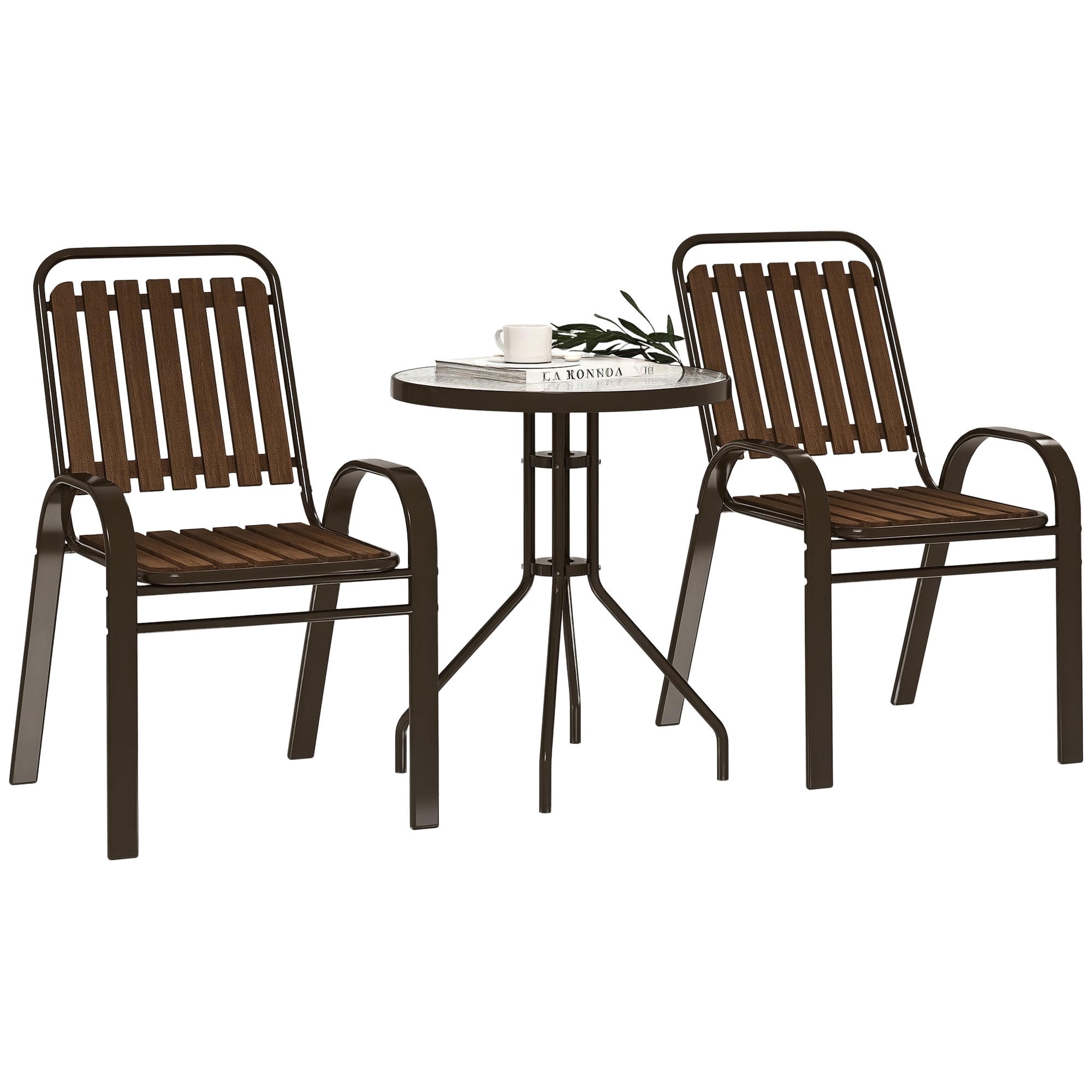 3-Piece Outdoor Garden Set Garden Furniture Set with 2 Stackable Chairs Table with Tempered Glass Top and Steel Frame for Terrace Patio Balcony Dark Brown