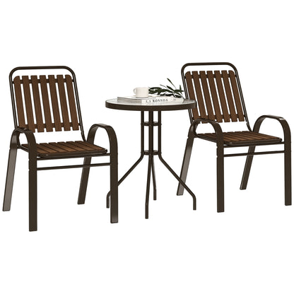 3-Piece Outdoor Garden Set Garden Furniture Set with 2 Stackable Chairs Table with Tempered Glass Top and Steel Frame for Terrace Patio Balcony Dark Brown