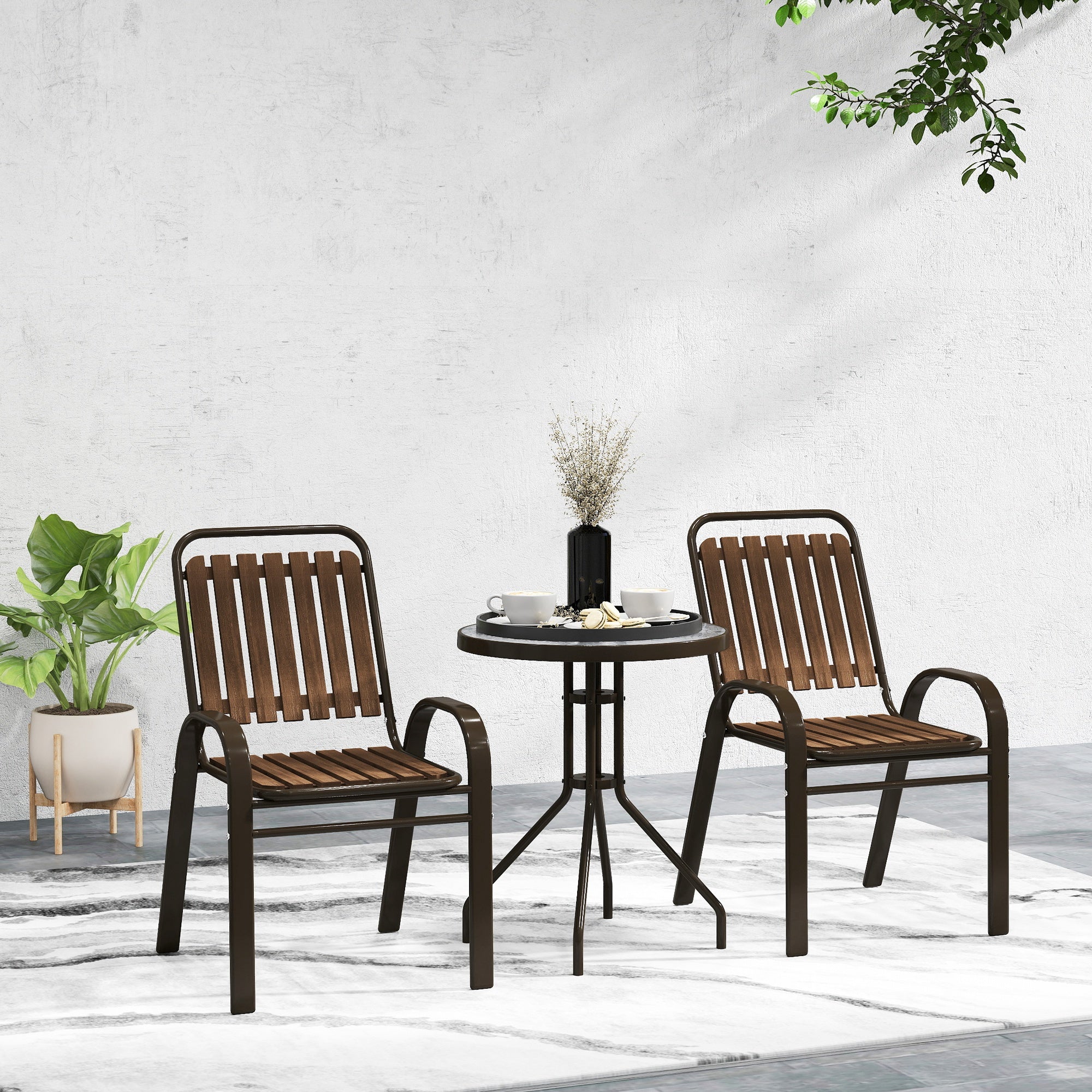 3-Piece Outdoor Garden Set Garden Furniture Set with 2 Stackable Chairs Table with Tempered Glass Top and Steel Frame for Terrace Patio Balcony Dark Brown