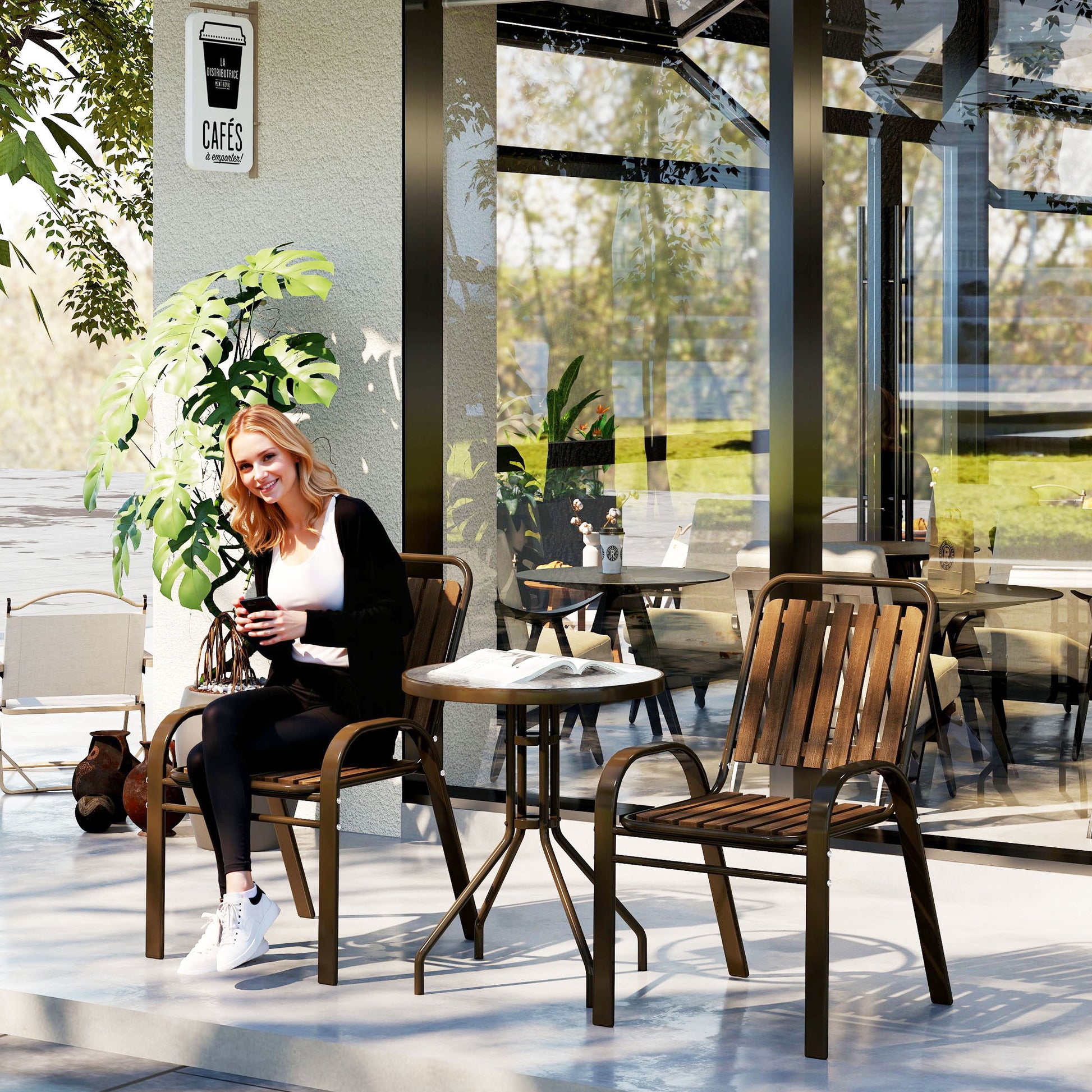 3-Piece Outdoor Garden Set Garden Furniture Set with 2 Stackable Chairs Table with Tempered Glass Top and Steel Frame for Terrace Patio Balcony Dark Brown