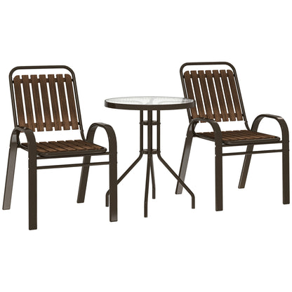 3-Piece Outdoor Garden Set Garden Furniture Set with 2 Stackable Chairs Table with Tempered Glass Top and Steel Frame for Terrace Patio Balcony Dark Brown