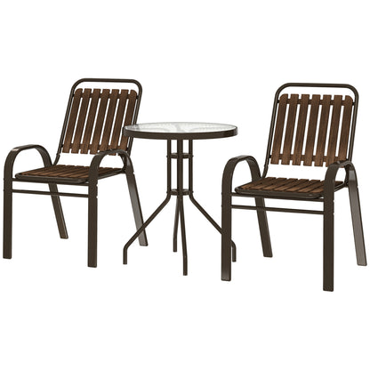 3-Piece Outdoor Garden Set Garden Furniture Set with 2 Stackable Chairs Table with Tempered Glass Top and Steel Frame for Terrace Patio Balcony Dark Brown