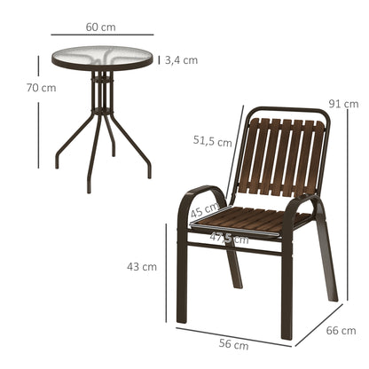 3-Piece Outdoor Garden Set Garden Furniture Set with 2 Stackable Chairs Table with Tempered Glass Top and Steel Frame for Terrace Patio Balcony Dark Brown