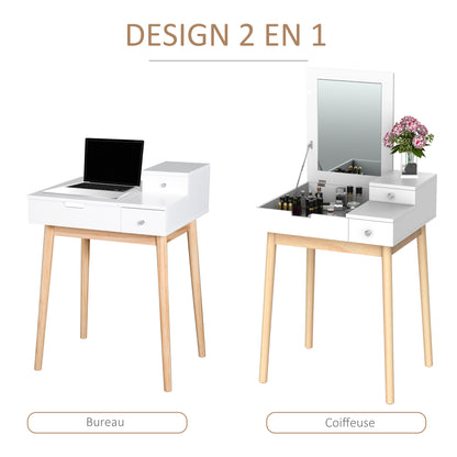 Dressing Table with Mirror Modern Style Makeup Table - 2 Drawers, Foldable Mirror for Bedroom, Living Room, 60 x 50 x 85.5 cm White