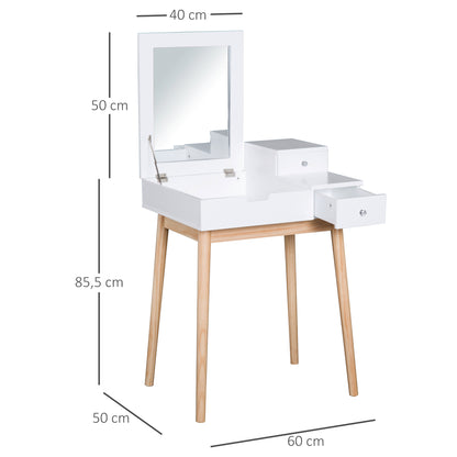 Dressing Table with Mirror Modern Style Makeup Table - 2 Drawers, Foldable Mirror for Bedroom, Living Room, 60 x 50 x 85.5 cm White