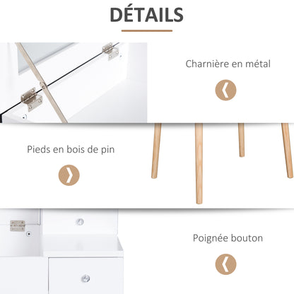Dressing Table with Mirror Modern Style Makeup Table - 2 Drawers, Foldable Mirror for Bedroom, Living Room, 60 x 50 x 85.5 cm White