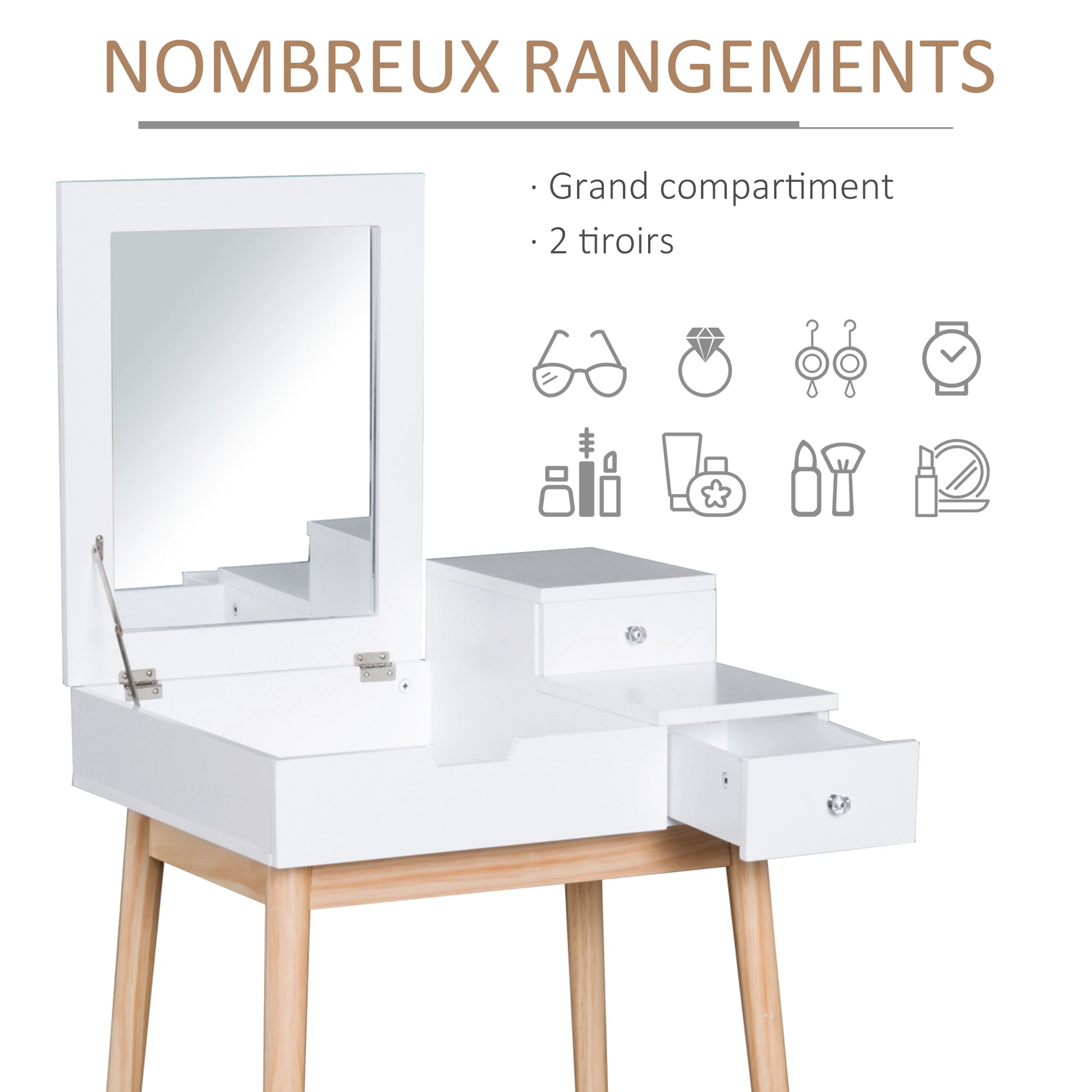 Dressing Table with Mirror Modern Style Makeup Table - 2 Drawers, Foldable Mirror for Bedroom, Living Room, 60 x 50 x 85.5 cm White