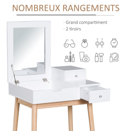 Dressing Table with Mirror Modern Style Makeup Table - 2 Drawers, Foldable Mirror for Bedroom, Living Room, 60 x 50 x 85.5 cm White