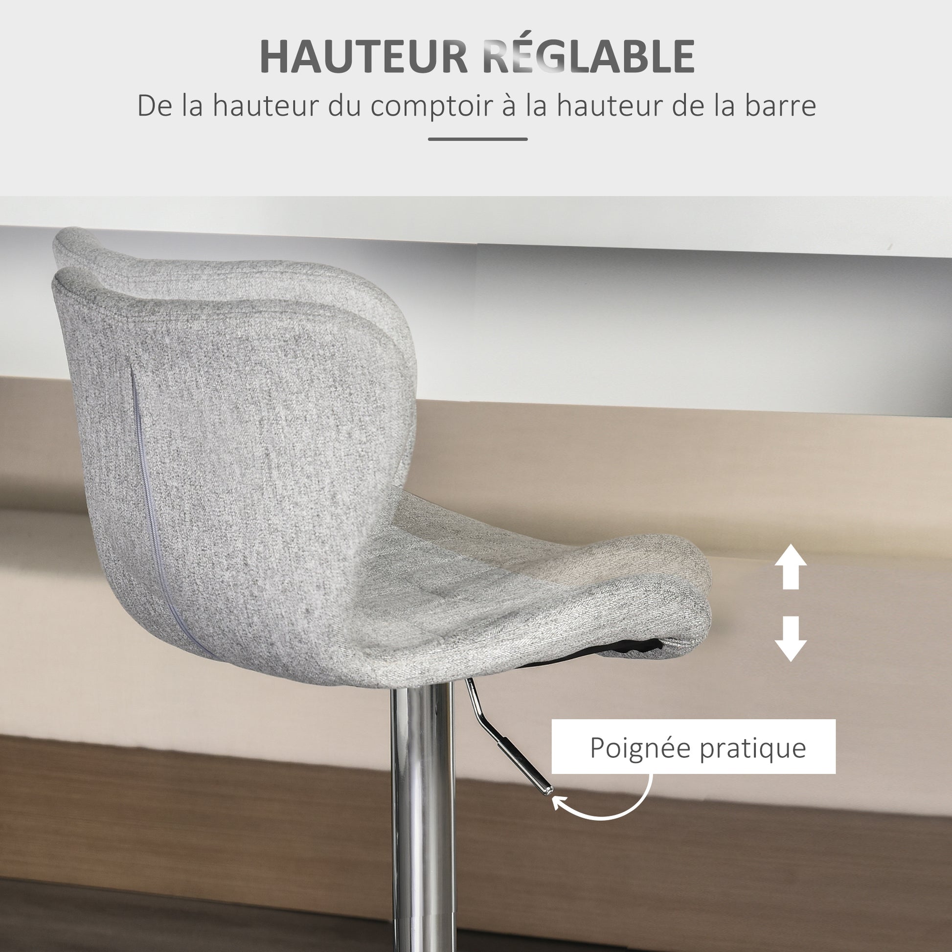 Set of 2 Contemporary Design Bar Stools Adjustable Seat Height 59-81 cm 360° Swivel Linen Gray