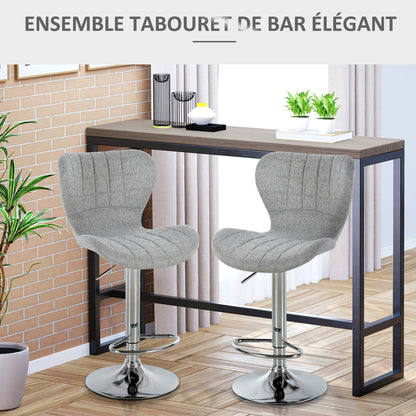 Set of 2 Contemporary Design Bar Stools Adjustable Seat Height 59-81 cm 360° Swivel Linen Gray