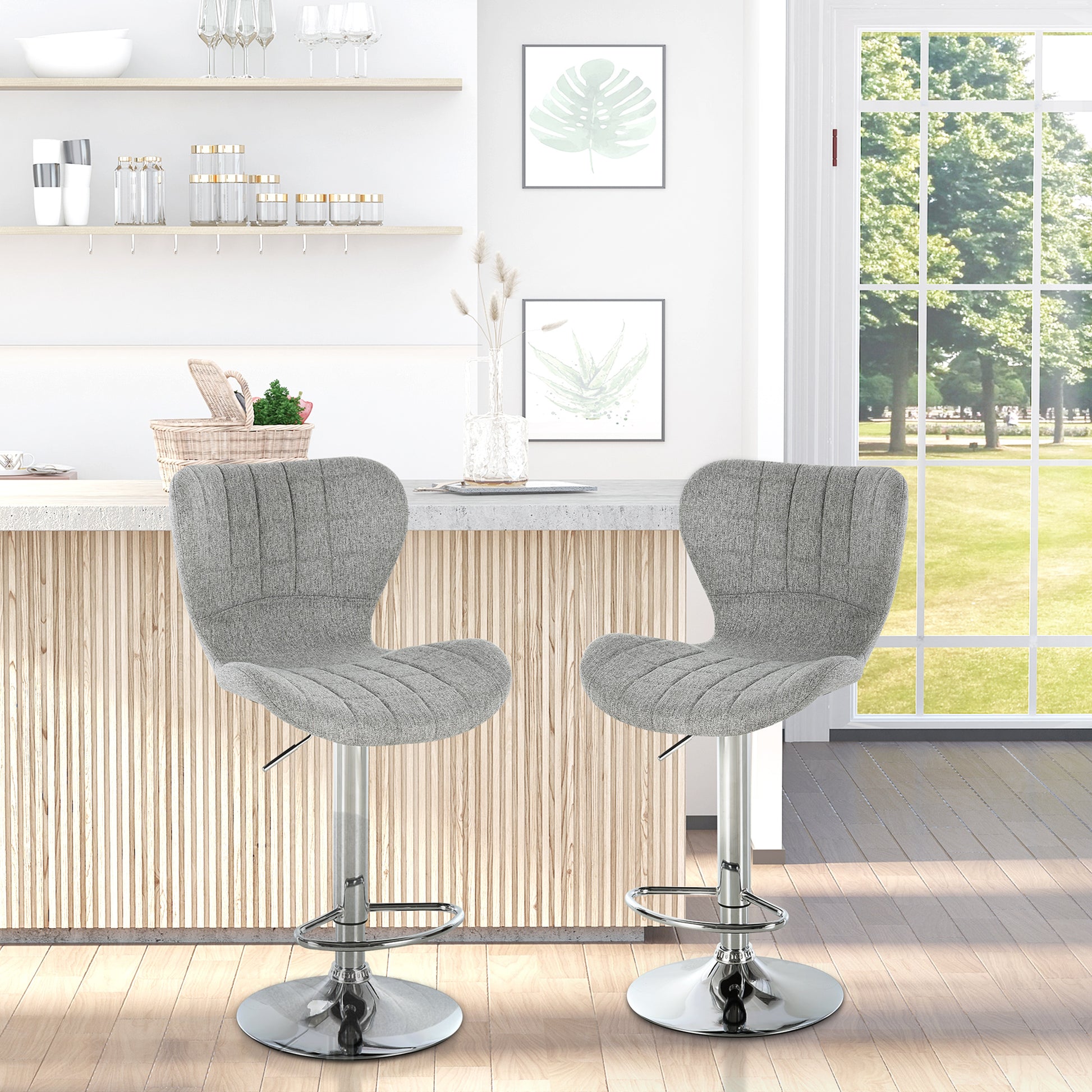 Set of 2 Contemporary Design Bar Stools Adjustable Seat Height 59-81 cm 360° Swivel Linen Gray