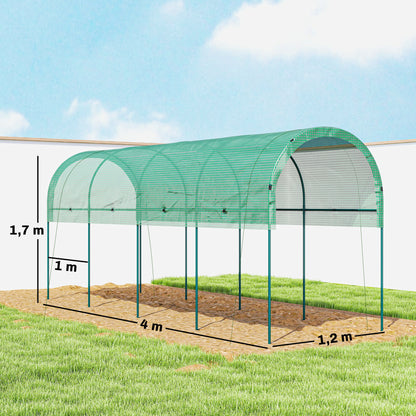 Winter Film Greenhouse with Arched Roof — Steel Frame & Ground Anchors, Slot-Together Open Tunnel, 400 x 120 x 170 cm (13.1 x 3.9 x 5.6 ft), Green