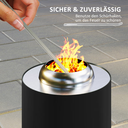 Stainless Steel Fire Pit Ø16x25cm with Poker Smoke-Free Fire Pit Fire Basket for Garden, Balcony Terrace, Outdoor BBQ Camping Black