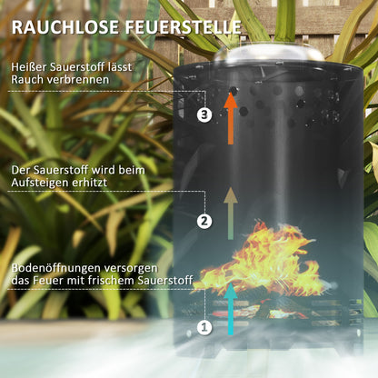 Stainless Steel Fire Pit Ø16x25cm with Poker Smoke-Free Fire Pit Fire Basket for Garden, Balcony Terrace, Outdoor BBQ Camping Black