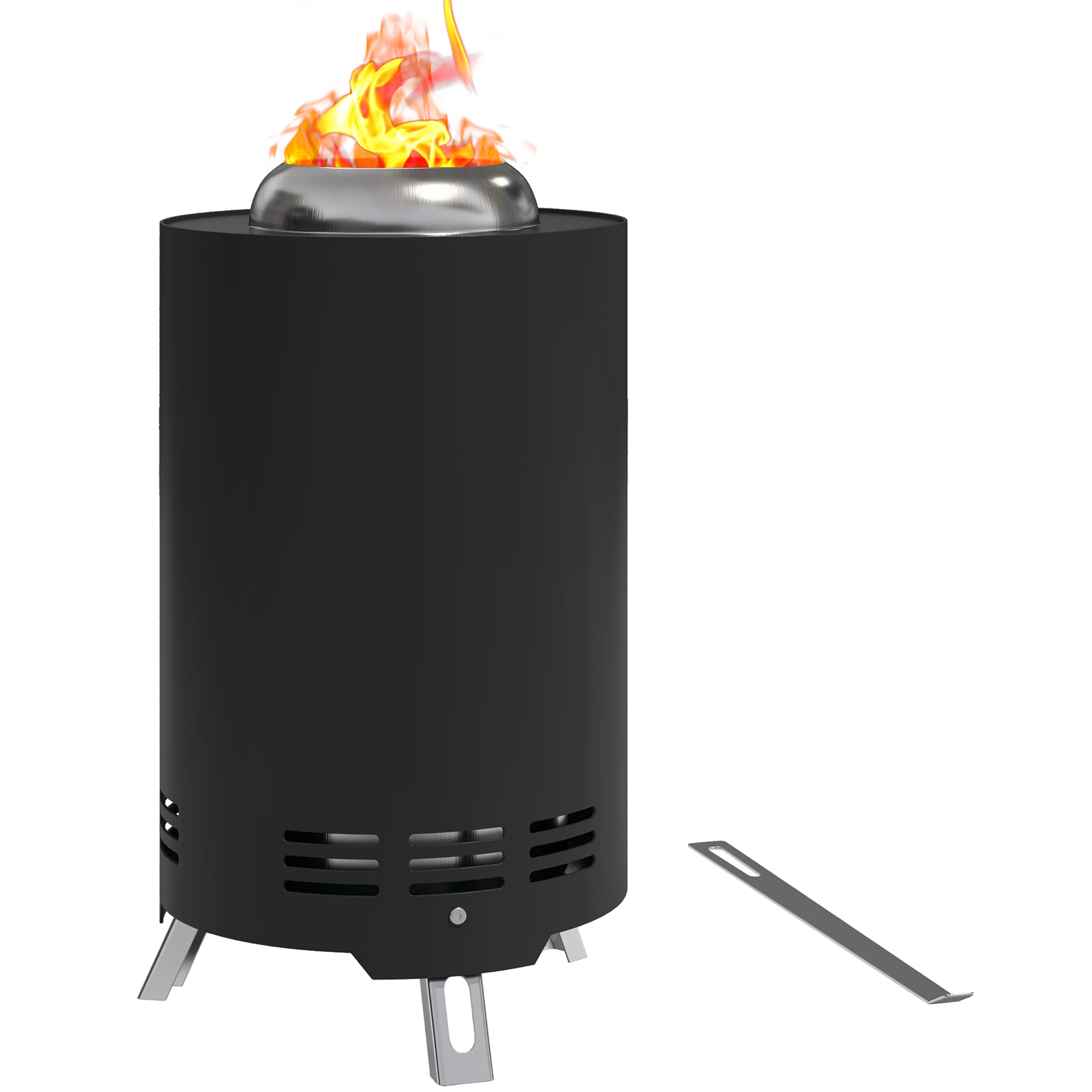 Stainless Steel Fire Pit Ø16x25cm with Poker Smoke-Free Fire Pit Fire Basket for Garden, Balcony Terrace, Outdoor BBQ Camping Black