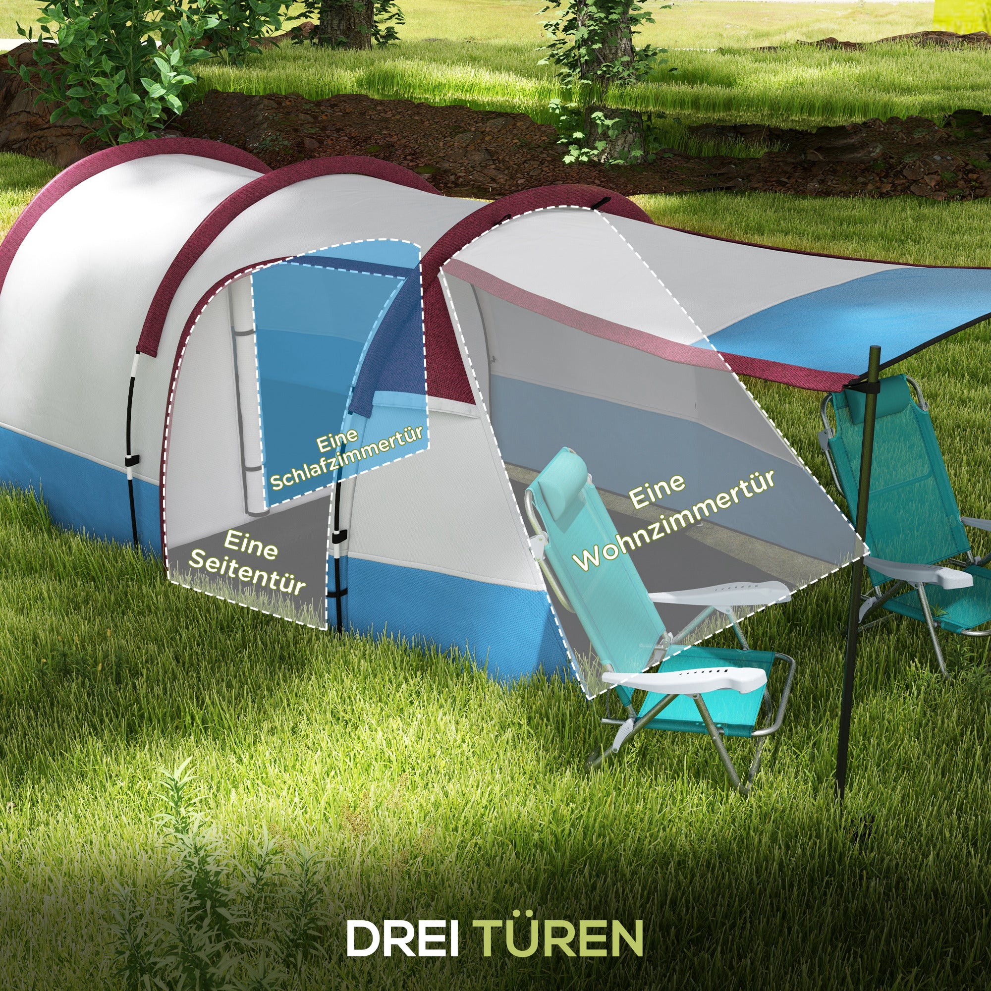 Camping Tent, Tunnel Tent for 3 People, with Light Hook, Awning, 2 Rooms, Windproof Family Tent with Carrying Bag, 2000mm Water Resistant Pop Up Tent for Camping, Garden, Red