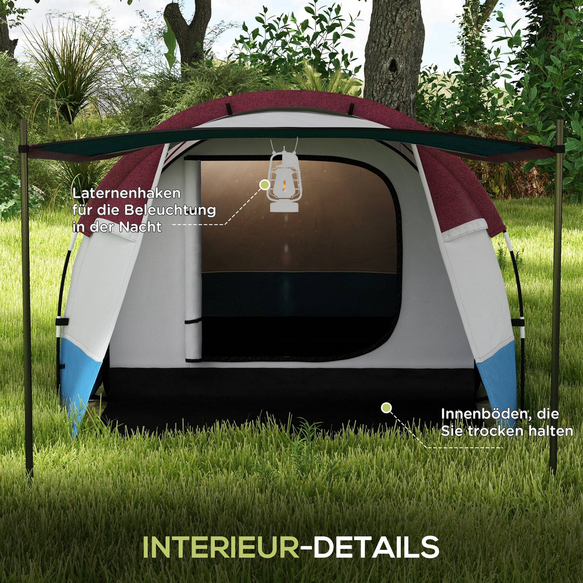 Camping Tent, Tunnel Tent for 3 People, with Light Hook, Awning, 2 Rooms, Windproof Family Tent with Carrying Bag, 2000mm Water Resistant Pop Up Tent for Camping, Garden, Red