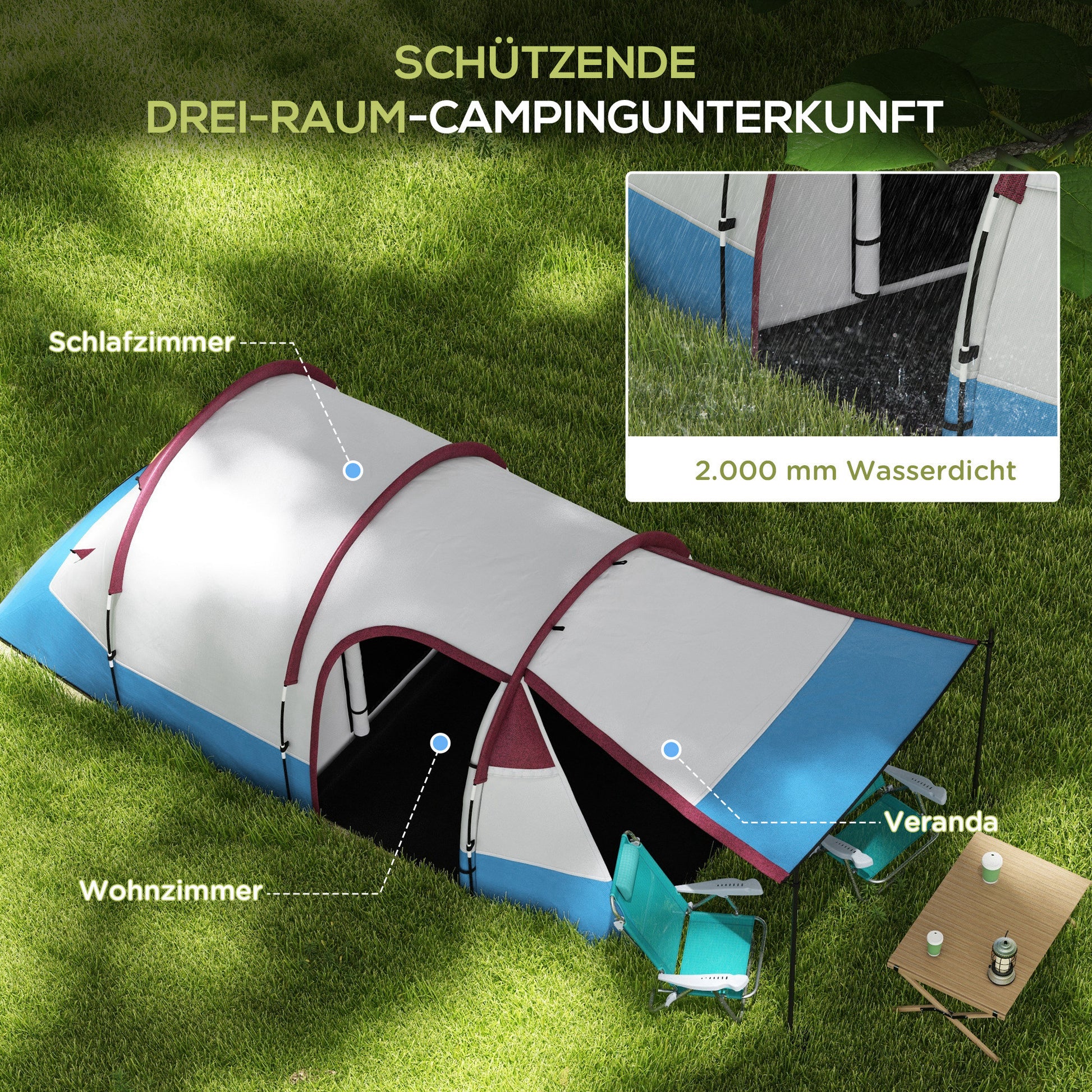 Camping Tent, Tunnel Tent for 3 People, with Light Hook, Awning, 2 Rooms, Windproof Family Tent with Carrying Bag, 2000mm Water Resistant Pop Up Tent for Camping, Garden, Red