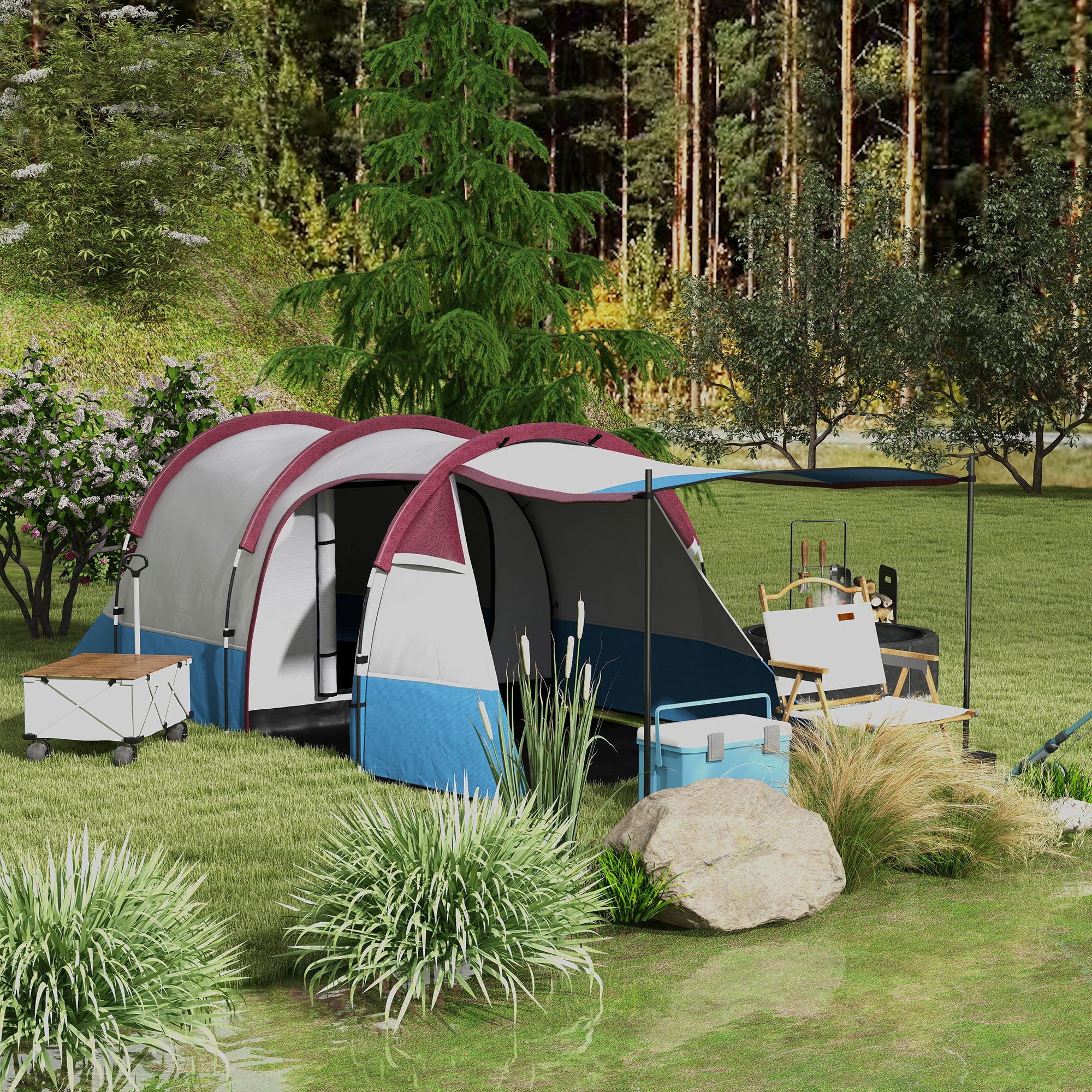 Camping Tent, Tunnel Tent for 3 People, with Light Hook, Awning, 2 Rooms, Windproof Family Tent with Carrying Bag, 2000mm Water Resistant Pop Up Tent for Camping, Garden, Red