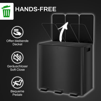 Trash Can 3 x 15L Pedal Bin Cosmetic Bin Garbage Can with Lid and Foot Pedal, Trash Bin with Inner Bin, for Living Room, Office, Stainless Steel, 61.9 x 36.6 x 43.2 cm