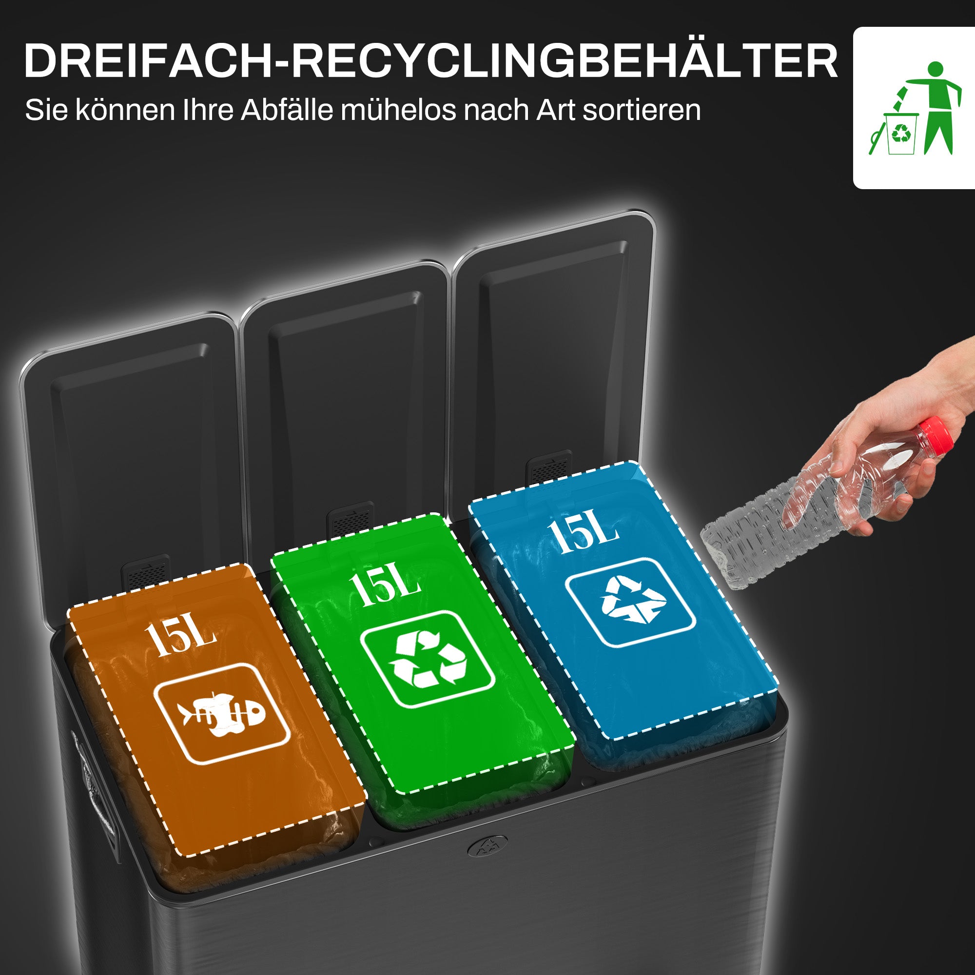 Trash Can 3 x 15L Pedal Bin Cosmetic Bin Garbage Can with Lid and Foot Pedal, Trash Bin with Inner Bin, for Living Room, Office, Stainless Steel, 61.9 x 36.6 x 43.2 cm