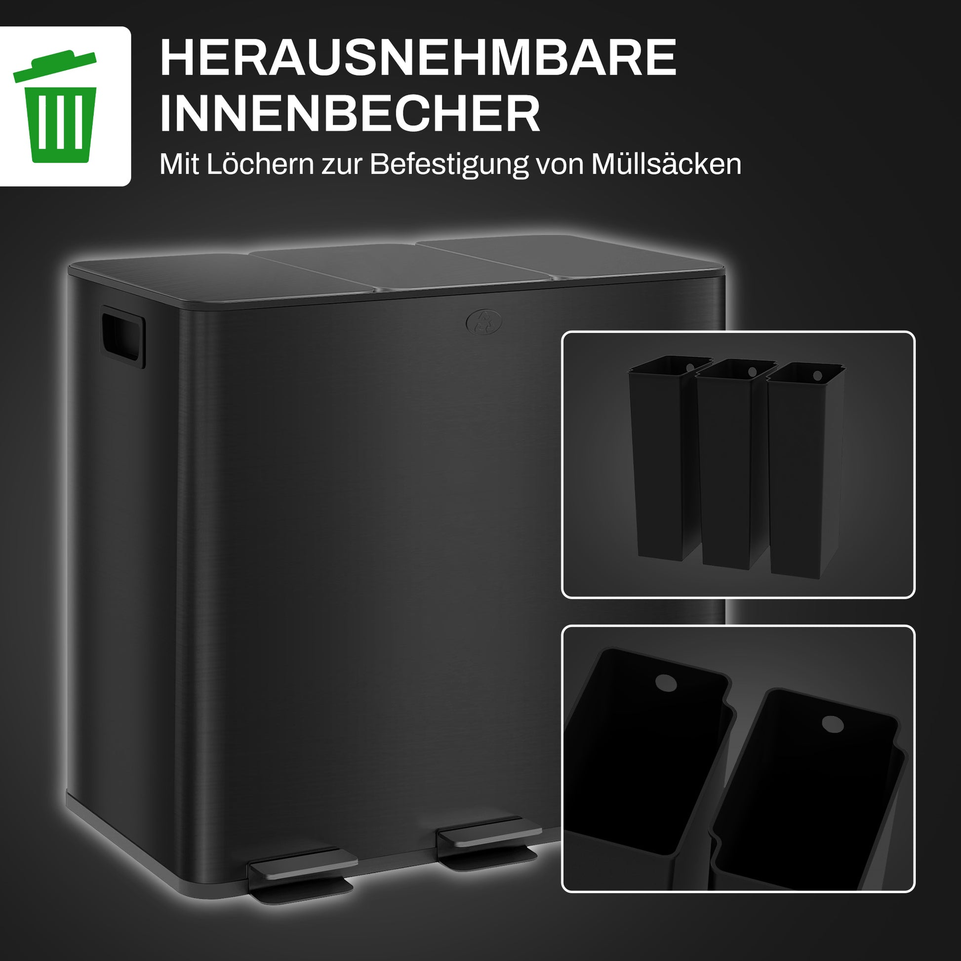 Trash Can 3 x 15L Pedal Bin Cosmetic Bin Garbage Can with Lid and Foot Pedal, Trash Bin with Inner Bin, for Living Room, Office, Stainless Steel, 61.9 x 36.6 x 43.2 cm