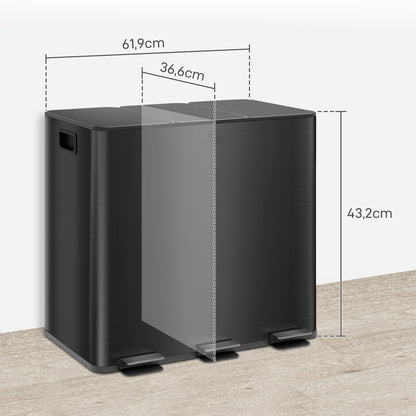 Trash Can 3 x 15L Pedal Bin Cosmetic Bin Garbage Can with Lid and Foot Pedal, Trash Bin with Inner Bin, for Living Room, Office, Stainless Steel, 61.9 x 36.6 x 43.2 cm