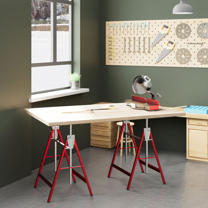 2 x Scaffold Trestle Folding Trestle Adjustable Height up to 200kg Steel Red 68 x 58 x 80-130 cm