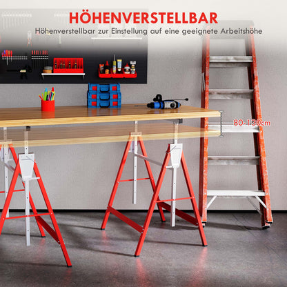 2 x Scaffold Trestle Folding Trestle Adjustable Height up to 200kg Steel Red 68 x 58 x 80-130 cm