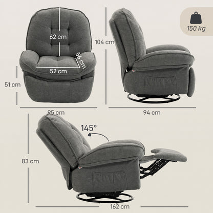 Relax Recliner, 360° Swivel & Rocking Chair, Manual Chenille Armchair with Wide Seat, High Back, Footrest & Side Pockets, Light Gray