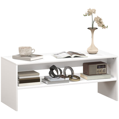 Modern 2-Tier Coffee Table with Open Shelf and Non-Slip Feet, Low Chipboard Table, 100x40x41.5 cm, White
