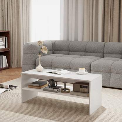 Modern 2-Tier Coffee Table with Open Shelf and Non-Slip Feet, Low Chipboard Table, 100x40x41.5 cm, White