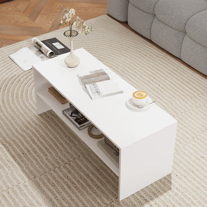 Modern 2-Tier Coffee Table with Open Shelf and Non-Slip Feet, Low Chipboard Table, 100x40x41.5 cm, White