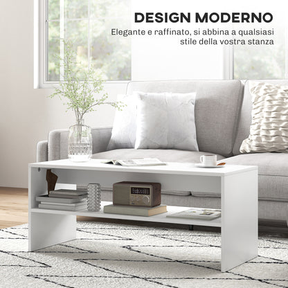 Modern 2-Tier Coffee Table with Open Shelf and Non-Slip Feet, Low Chipboard Table, 100x40x41.5 cm, White