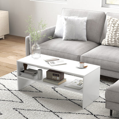 Modern 2-Tier Coffee Table with Open Shelf and Non-Slip Feet, Low Chipboard Table, 100x40x41.5 cm, White