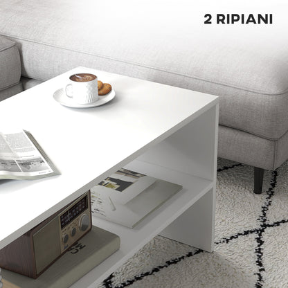Modern 2-Tier Coffee Table with Open Shelf and Non-Slip Feet, Low Chipboard Table, 100x40x41.5 cm, White