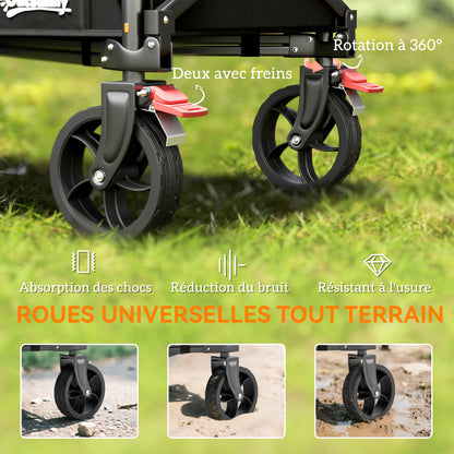 Folding Beach Transport Cart 155L, garden cart with open sides, adjustable handle and side pockets, max load 100 kg, for camping, shopping, gardening, outdoor, black