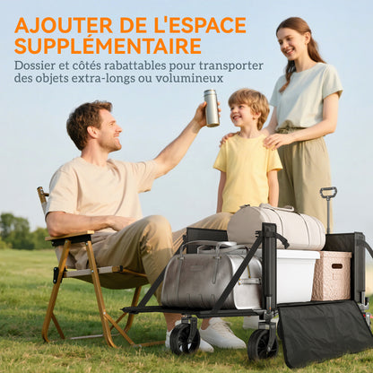 Folding Beach Transport Cart 155L, garden cart with open sides, adjustable handle and side pockets, max load 100 kg, for camping, shopping, gardening, outdoor, black