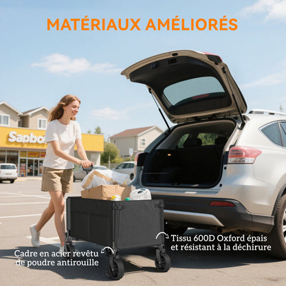 Folding Beach Transport Cart 155L, garden cart with open sides, adjustable handle and side pockets, max load 100 kg, for camping, shopping, gardening, outdoor, black