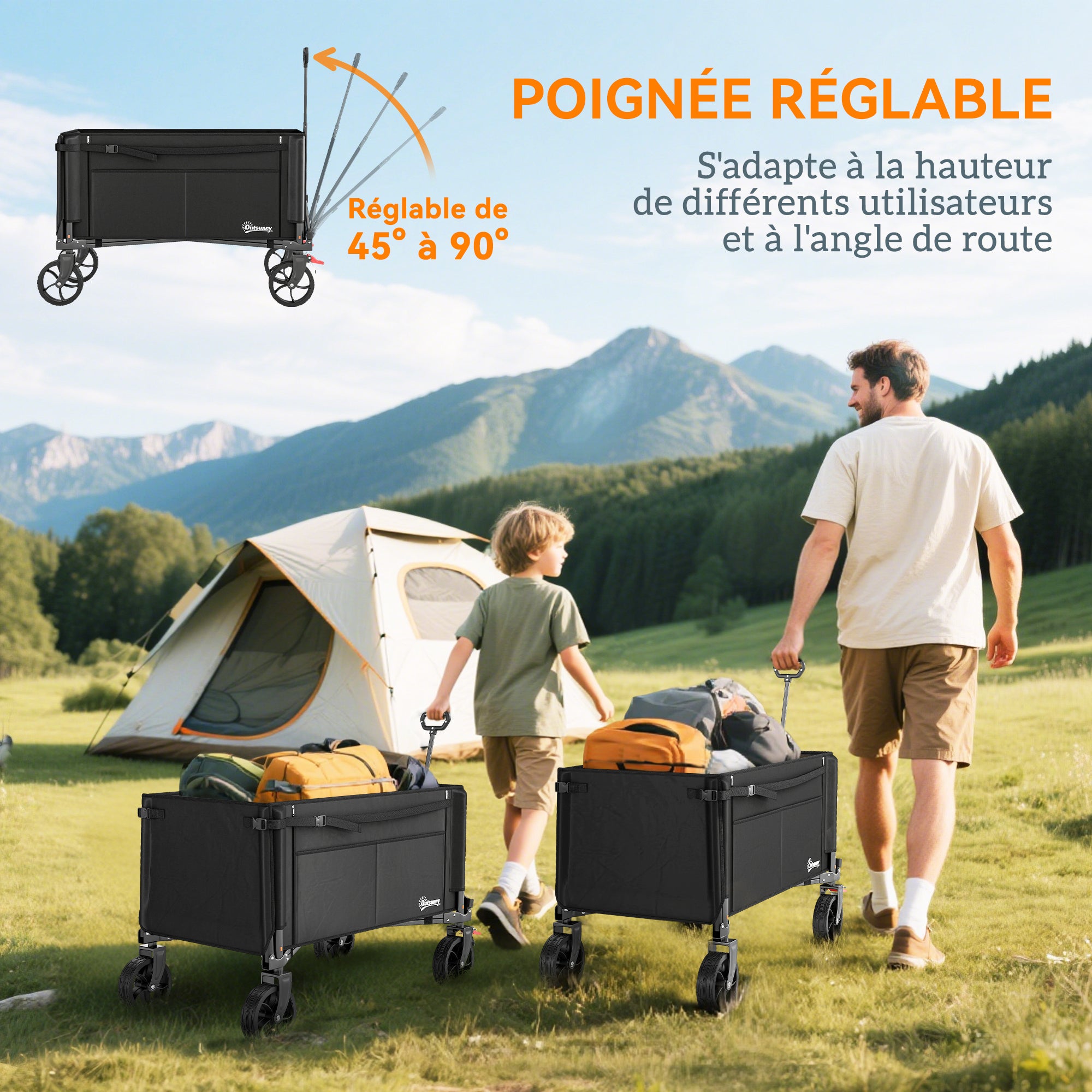 Folding Beach Transport Cart 155L, garden cart with open sides, adjustable handle and side pockets, max load 100 kg, for camping, shopping, gardening, outdoor, black