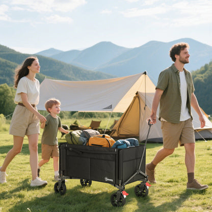 Folding Beach Transport Cart 155L, garden cart with open sides, adjustable handle and side pockets, max load 100 kg, for camping, shopping, gardening, outdoor, black