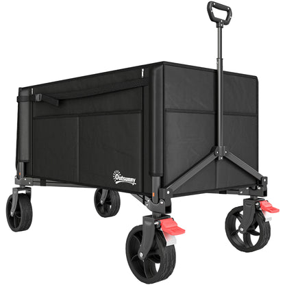 Folding Beach Transport Cart 155L, garden cart with open sides, adjustable handle and side pockets, max load 100 kg, for camping, shopping, gardening, outdoor, black