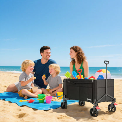 Folding Beach Transport Cart 155L, garden cart with open sides, adjustable handle and side pockets, max load 100 kg, for camping, shopping, gardening, outdoor, black